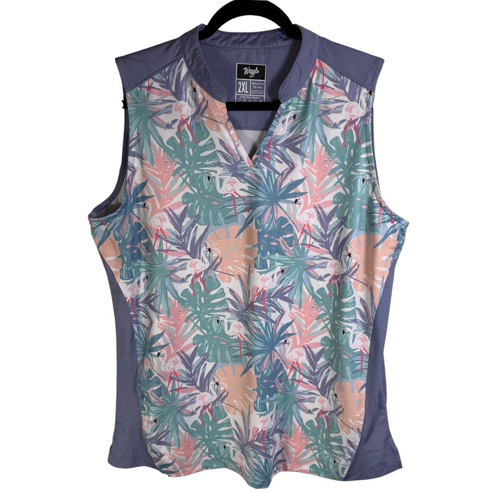 Waggle Golf Sleeveless Polo Top 2XL Purple Tropical Flamingo Palm Print V-Neck